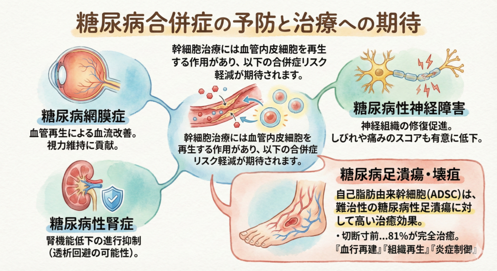 糖尿病合併症の予防と治療への期待

糖尿病で最も恐ろしいのは、三大合併症（網膜症・腎症・神経障害）です。さらには、足の潰瘍が進行して壊疽という死滅した状態になり、足を切断するということもあります。これらの合併症は、糖尿病の高血糖により血管がダメージを受けることで進行します。

幹細胞治療には血管内皮細胞を再生する作用があり、以下の合併症リスク軽減が期待されます。

糖尿病性網膜症：血管再生による血流改善

糖尿病性腎症：腎機能低下の進行抑制（透析回避の可能性）

糖尿病性神経障害：神経組織の修復促進