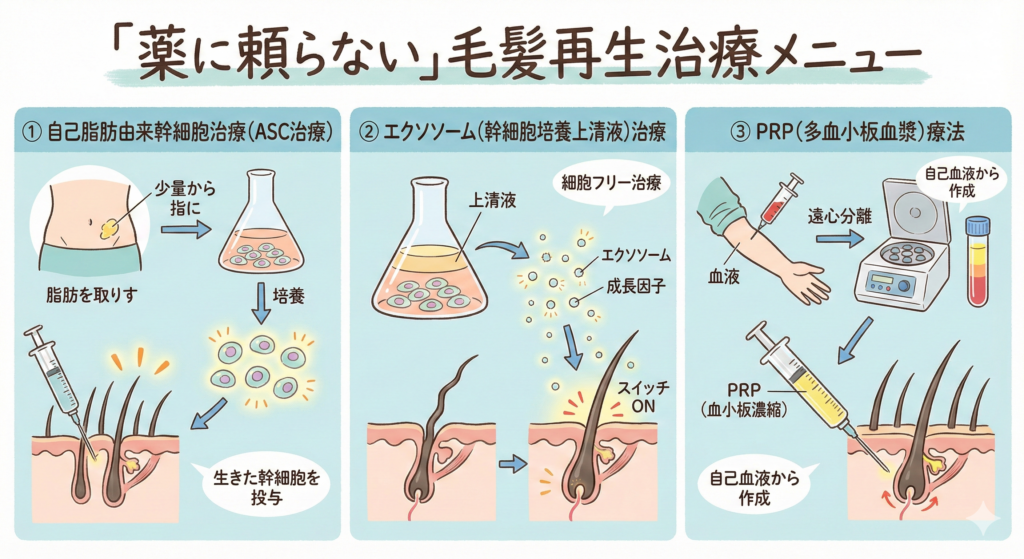 「薬に頼らない」毛髪再生治療メニュー（幹細胞・エクソソーム・PRP）