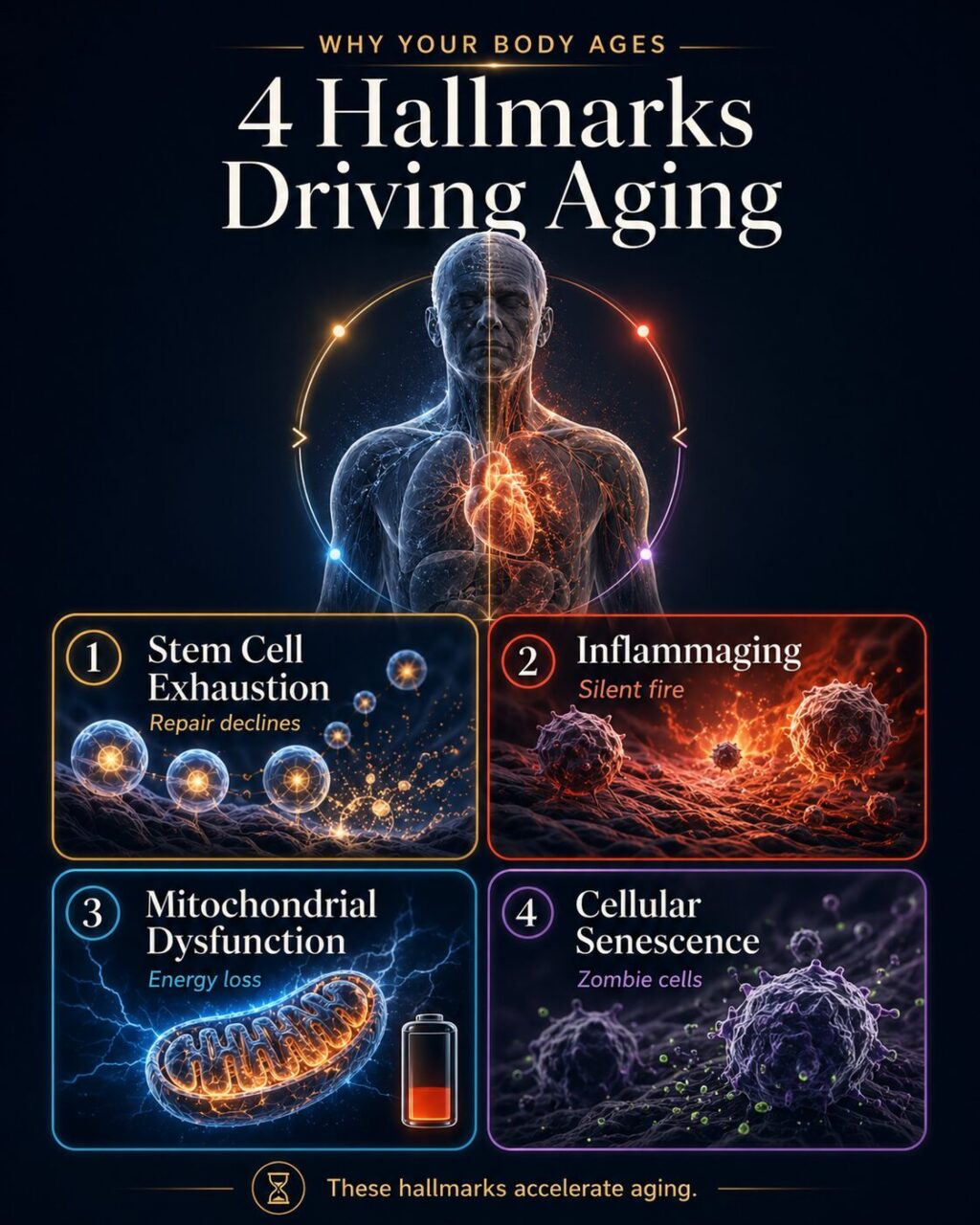 Why Your Body Ages: The 4 Hallmarks Driving Aging
Stem Cell Exhaustion: Your Repair Crews Are Vanishing

Inflammaging: The Silent Fire Destroying You from Within 

Mitochondrial Dysfunction: Your Cellular Batteries Are Dying 

Cellular Senescence: Zombie Cells Poisoning Your Body 