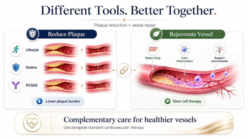 Statins reduce the LDL flowing past your vessels. Stem cell therapy works on the vessel wall itself. 