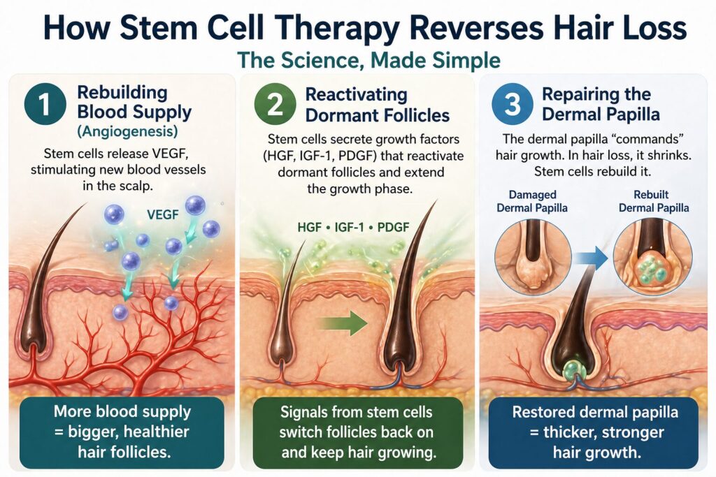 How Stem Cell Therapy Reverses Hair Loss: The Science, Made Simple

Stem cell therapy rebuilds the biological infrastructure damaged by hair loss. Three mechanisms:

Rebuilding Blood Supply (Angiogenesis)

Adipose-derived stem cells secrete VEGF (vascular endothelial growth factor), stimulating new blood vessels in the scalp. Yano et al. demonstrated in the Journal of Clinical Investigation (2001) that VEGF-mediated angiogenesis directly controls follicle size and hair growth — in plain terms, more blood supply means bigger, healthier follicles.

Reactivating Dormant Follicles

Stem cells secrete growth factors (HGF, IGF-1, PDGF) that reactivate dormant follicles and extend the growth phase. The signals stem cells produce drive recovery.

Repairing the Dermal Papilla

The dermal papilla "commands" hair growth. In hair loss, it shrinks. Stem cells rebuild it. Thicker dermal papillas = thicker hair growth.