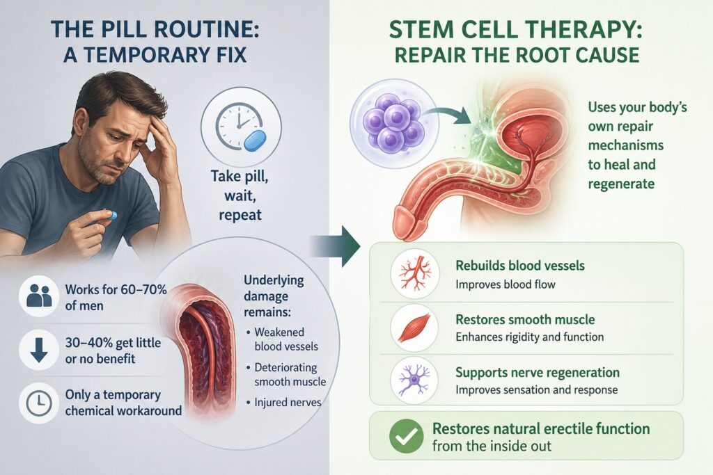 If you have been living with erectile dysfunction, you already know the routine. Take a pill, wait for it to work, hope the side effects are manageable — and repeat, every single time. For many men, this cycle becomes exhausting.

PDE5 inhibitors like Viagra and Cialis help roughly 60–70% of men — but that means 30–40% get little or no benefit at all. And even when the pills do work, they offer only a temporary chemical workaround. The moment the medication wears off, the underlying damage — weakened blood vessels, deteriorating smooth muscle, injured nerves — remains exactly where it was.

This is why a growing number of men are asking a different question: Is there a treatment that actually repairs erectile tissue, rather than masking the problem every few hours?

Stem cell therapy for erectile dysfunction is a regenerative medicine approach that uses the body's own repair mechanisms to address the root causes of ED — rebuilding blood vessels, restoring smooth muscle, and supporting nerve regeneration. Rather than bypassing the problem with a pill, it aims to restore natural erectile function from the inside out.