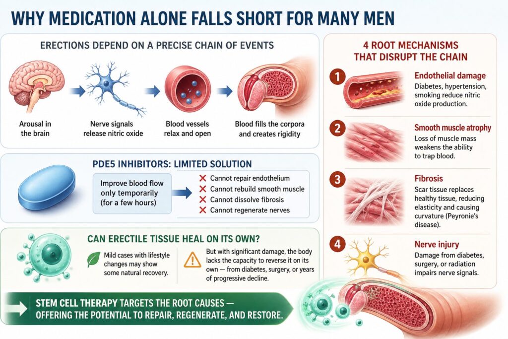 Why Medication Alone Falls Short for Many Men

An erection requires precise coordination between the brain, nervous system, blood vessels, and penile smooth muscle. When a man becomes aroused, nerve signals trigger the release of nitric oxide, which relaxes smooth muscle in the corpora cavernosa, allowing blood to flow in and create rigidity. ED occurs when this chain is disrupted through one or more of four root mechanisms:

1. Endothelial damage — The inner lining of blood vessels deteriorates due to diabetes, hypertension, or smoking, reducing nitric oxide production.

2. Smooth muscle atrophy — The muscle within the corpora cavernosa loses mass and contractile function with age and disease, weakening the ability to trap blood.

3. Fibrosis — Collagen-rich scar tissue replaces healthy erectile tissue, reducing elasticity. In Peyronie's disease, this causes visible curvature and functional impairment.

4. Nerve injury — The cavernous nerves that initiate erection can be damaged by diabetic neuropathy, radical prostatectomy, or pelvic radiation.

PDE5 inhibitors address only one of these four pathways — temporary blood flow enhancement — and only for a few hours at a time. They cannot repair endothelial cells, rebuild smooth muscle, dissolve fibrotic tissue, or regenerate nerves.

Can erectile tissue heal on its own? In mild cases with lifestyle changes, some limited natural recovery is possible. But when the underlying damage is significant — from diabetes, surgery, or years of progressive decline — the body lacks sufficient regenerative capacity to reverse it without intervention. This is precisely where stem cell therapy offers a fundamentally different approach.