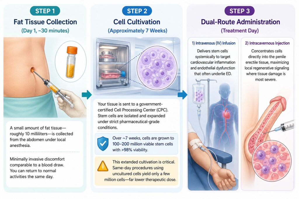 The Treatment Process: What to Expect

Step 1 — Fat Tissue Collection (Day 1, approximately 30 minutes)

A small amount of fat tissue — roughly 10 milliliters — is collected from the abdomen under local anesthesia. The procedure is minimally invasive and comparable in discomfort to a standard blood draw. You can return to normal activities the same day.

Step 2 — Cell Cultivation (Approximately 7 Weeks)

Your harvested tissue is sent to a government-certified Cell Processing Center (CPC), where stem cells are isolated and expanded under strict pharmaceutical-grade conditions. Over approximately seven weeks, cells are grown to reach a therapeutic dose of 100 to 200 million viable stem cells with a verified viability rate above 98%.

This extended cultivation period is critical. Some clinics offer same-day procedures using uncultured cells — often yielding only a few million cells. The difference in therapeutic dose is substantial.

Step 3 — Dual-Route Administration (Treatment Day)

Intravenous (IV) infusion delivers stem cells systemically, targeting the cardiovascular inflammation and endothelial dysfunction that often underlie ED. Intracavernous injection concentrates cells directly into the penile erectile tissue, maximizing local regenerative signaling where tissue damage is most severe.