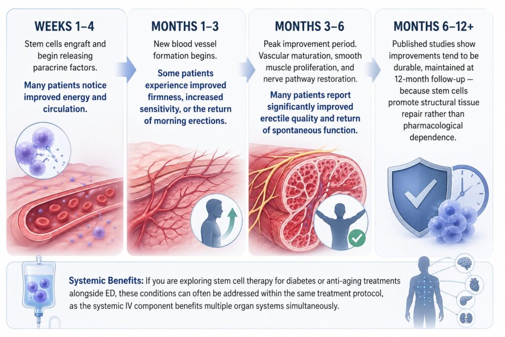 Recovery Timeline

Weeks 1–4: Stem cells engraft and begin releasing paracrine factors. Many patients notice improved energy and circulation.

Months 1–3: New blood vessel formation begins. Some patients experience improved firmness, increased sensitivity, or the return of morning erections.

Months 3–6: Peak improvement period. Vascular maturation, smooth muscle proliferation, and nerve pathway restoration. Many patients report significantly improved erectile quality and return of spontaneous function.

Months 6–12+: Published studies show improvements tend to be durable, maintained at 12-month follow-up — because stem cells promote structural tissue repair rather than pharmacological dependence.

If you are exploring stem cell therapy for diabetes or anti-aging treatments alongside ED, these conditions can often be addressed within the same treatment protocol, as the systemic IV component benefits multiple organ systems simultaneously.