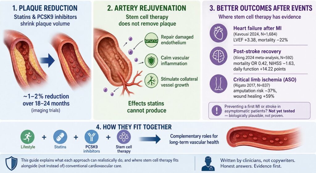 Yes — arterial plaque can be reduced, and atherosclerosis can be partially reversed. But the two tools that do this work on completely different parts of the problem, and it matters which you use for what.

Statins and PCSK9 inhibitors shrink plaque volume. Modest but real — roughly 1–2% reduction over 18–24 months in imaging trials (ASTEROID, SATURN, GLAGOV). This is the evidence-based way to actually reduce plaque.

Stem cell therapy does not remove plaque. What it does do is rejuvenate weakened arteries — repair damaged endothelium, calm vascular inflammation, and stimulate collateral vessel growth. That's an effect statins cannot produce.

Where do those two come together? Stem cell therapy has evidence for improving outcomes after cardiovascular events: heart failure following myocardial infarction (Kavousi 2024, N=1,684: LVEF +3.38, mortality −22%), post-stroke recovery (Xiong 2024 meta-analysis, N=592: mortality OR 0.42, NIHSS −1.63 points, daily function +14.22 points), and critical limb ischemia in ASO (Rigato 2017, N=837: amputation risk −37%, wound healing +59%). Preventing a first MI or stroke in asymptomatic patients? That specific randomized trial doesn't exist yet — the preventive benefit is biologically plausible from the mechanisms, but hasn't been directly tested.

This guide explains what each approach — lifestyle, statins, PCSK9 inhibitors, and regenerative medicine — can realistically do, and where stem cell therapy fits alongside (not instead of) conventional cardiovascular care. Written by clinicians, not copywriters. If you came hoping a single injection would erase twenty years of artery damage, this isn't that article. If you want the honest map, you're in the right place.