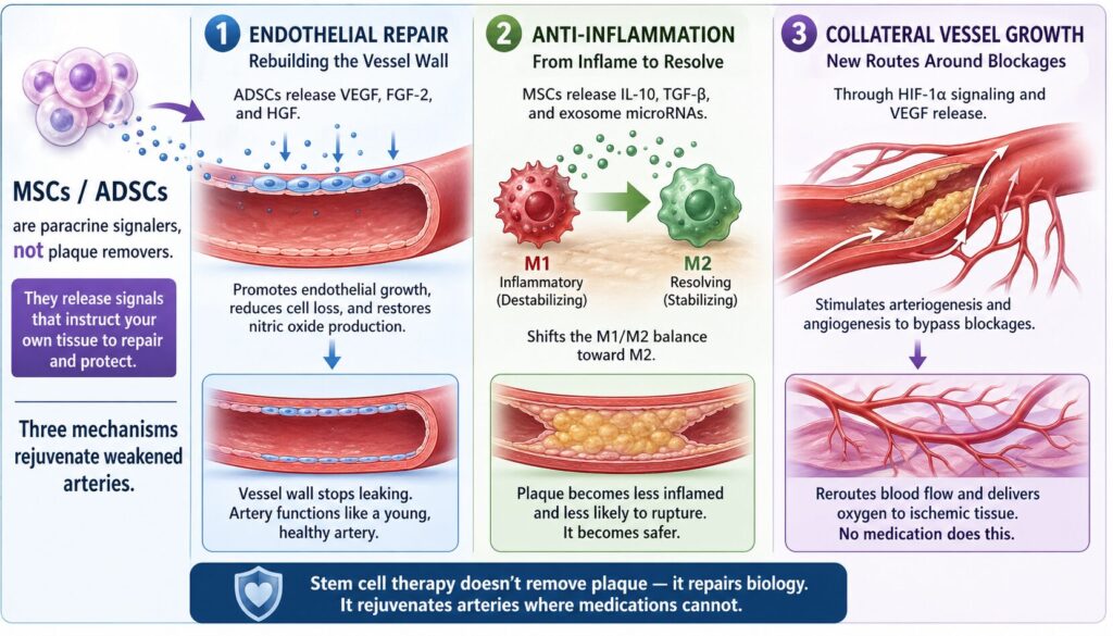 How Stem Cell Therapy Rejuvenates Weakened Arteries — Mechanism by Mechanism

Key Takeaway: MSCs / ADSCs are paracrine signalers, not plaque removers. Three mechanisms matter: (1) endothelial repair (VEGF, HGF, FGF-2), (2) macrophage shift from inflammatory M1 to resolving M2, and (3) collateral vessel growth around blockages. No medication does this.

Let's be clear about what mesenchymal stem cells (MSCs), and specifically adipose-derived stem cells (ADSCs), do and don't do. They're not a plaque remover. They don't dissolve calcium. They're not stem cells in the "replace every cell" sense most people imagine.

What they are is paracrine signalers — factories that release growth factors, exosomes, and cytokines instructing the patient's own tissue to repair itself. The target is not the plaque; the target is the vessel wall and its surrounding biology. Three mechanisms matter.

1. Endothelial repair — rebuilding the vessel wall

ADSCs release vascular endothelial growth factor (VEGF), fibroblast growth factor-2 (FGF-2), and hepatocyte growth factor (HGF). These promote endothelial cell proliferation, reduce endothelial apoptosis, and restore nitric oxide production — the signaling molecule that keeps arteries relaxed and anti-inflammatory (Guo et al., Cell Death & Disease, 2020).

In plain language: they help the vessel wall stop leaking. This is the "rejuvenation" part. Healthy endothelium is what a young artery has and an aging, inflamed one has lost.

2. Anti-inflammation — shifting macrophages from "inflame" to "resolve"

The macrophages inside plaque come in two main phenotypes: M1 (pro-inflammatory, plaque-destabilizing) and M2 (anti-inflammatory, tissue-resolving). MSC-derived signals — IL-10, TGF-β, and exosomes carrying specific microRNAs — shift the M1/M2 ratio toward M2.

The clinical meaning: existing plaque becomes less inflamed and less likely to rupture. Think of it as turning a hot, angry plaque into a quiet, stable one. The plaque doesn't disappear — it becomes safer (Patel et al., International Journal of Molecular Sciences, 2025).

3. Collateral vessel formation — growing new routes around blockages

Through HIF-1α signaling and VEGF release, MSCs stimulate the formation of new small vessels (arteriogenesis and angiogenesis) that bypass partially occluded arteries. This is why MSC therapy has been studied most extensively in post-MI heart failure, post-stroke recovery, and critical limb ischemia — the therapy effectively reroutes blood flow around damaged territory and supplies oxygen to tissue that has been ischemic.

No medication does this. This is where regenerative therapy earns its place alongside statins — not as a plaque remover, but as the biology-repair layer statins cannot provide.