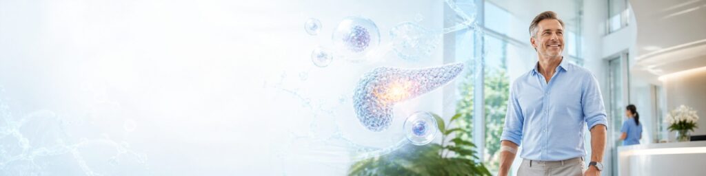 Stem cell therapy for
diabetes uses adipose-derived mesenchymal stem cells to regenerate insulin-producing beta cells,
reverse insulin resistance, and repair complications — for patients whose medication keeps
climbing while neuropathy, nephropathy, or foot ulcers advance.