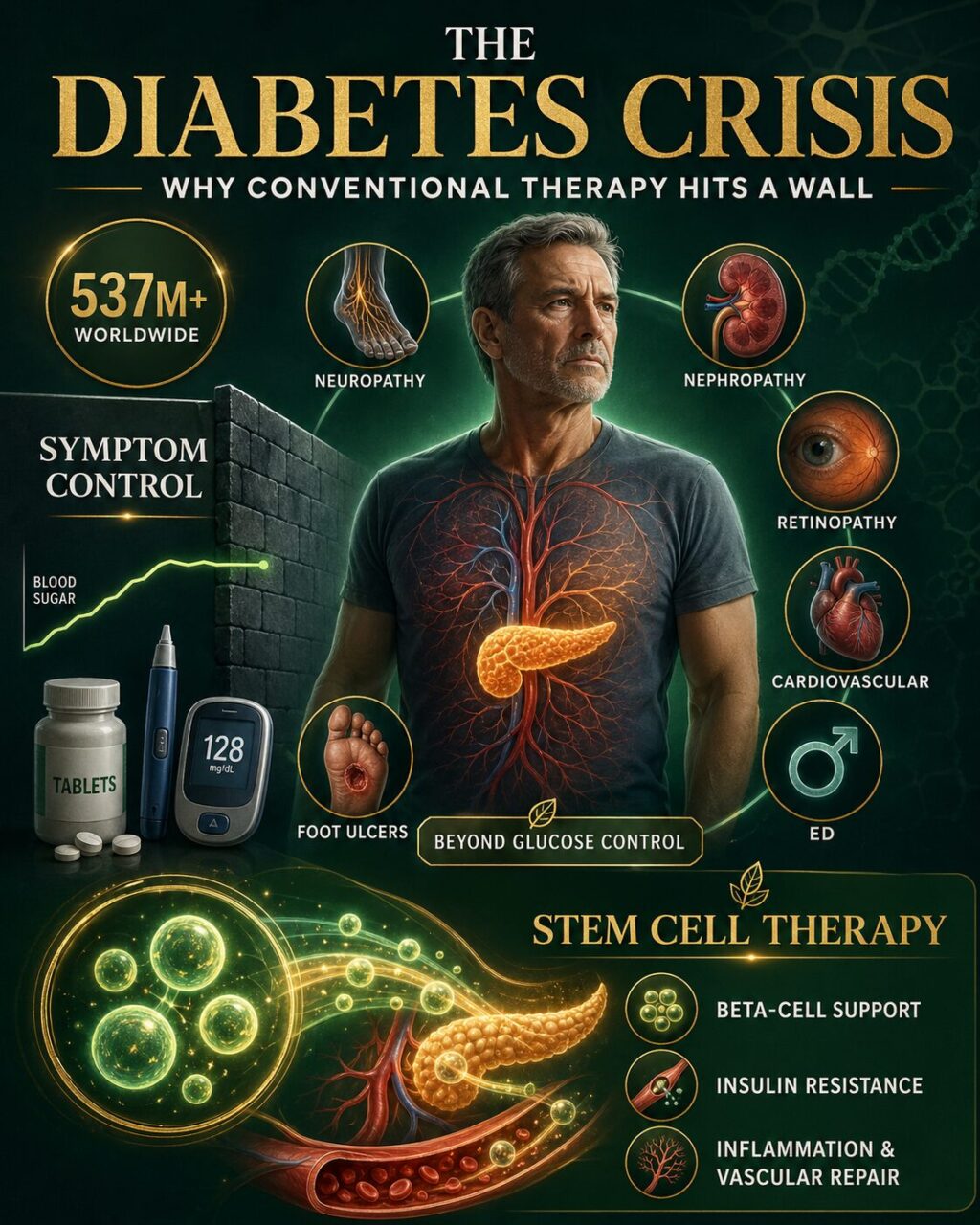 The Diabetes Crisis:　diabetic complications—neuropathy, nephropathy, retinopathy, cardiovascular disease, erectile dysfunction, and foot ulcers—affect more than 50% of long-term patients.