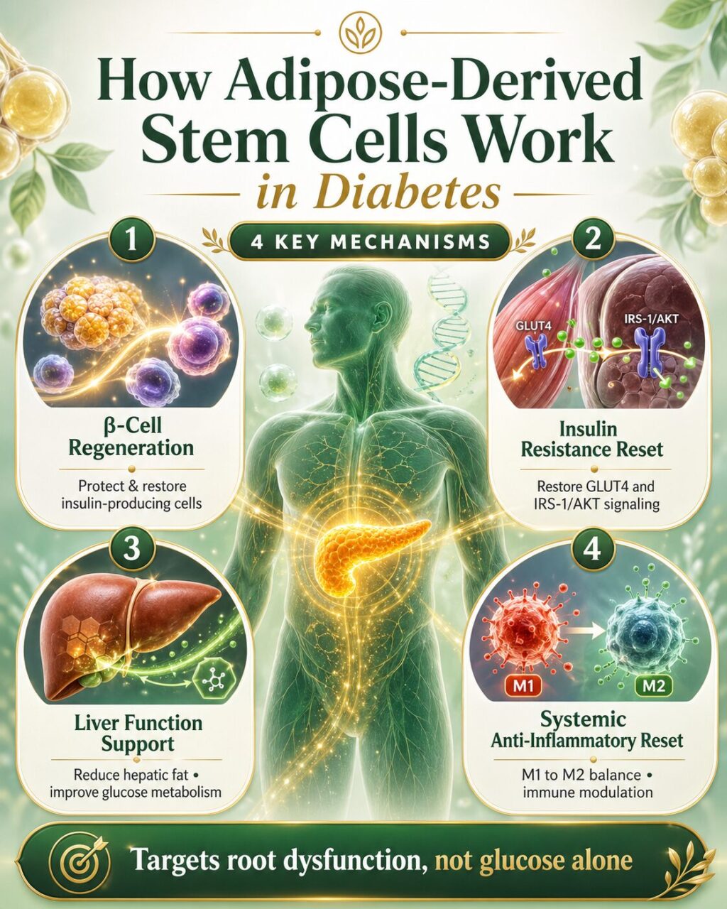 How Adipose-Derived Stem Cells Work in Diabetes: β-Cell Regeneration and Protection, Reversal of Insulin Resistance at the Cellular Level, Liver Function Restoration and Systemic Anti-Inflammatory Reset.