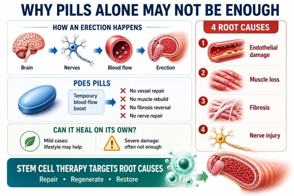 An erection requires precise coordination between the brain, nervous system, blood vessels, and penile smooth muscle. When a man becomes aroused, nerve signals trigger the release of nitric oxide, which relaxes smooth muscle in the corpora cavernosa, allowing blood to flow in and create rigidity. ED occurs when this chain is disrupted through one or more of four root mechanisms