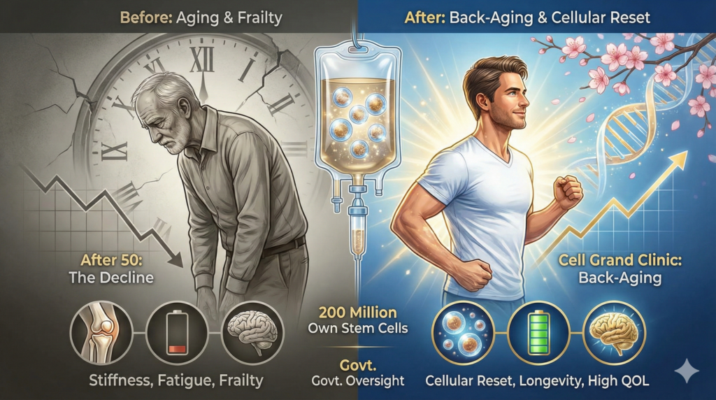 Stem cell therapy can reverse aging and fratity. Stem cell therapy aims a cellular reset of your longevity, your quality of life (QOL), and your biological age.