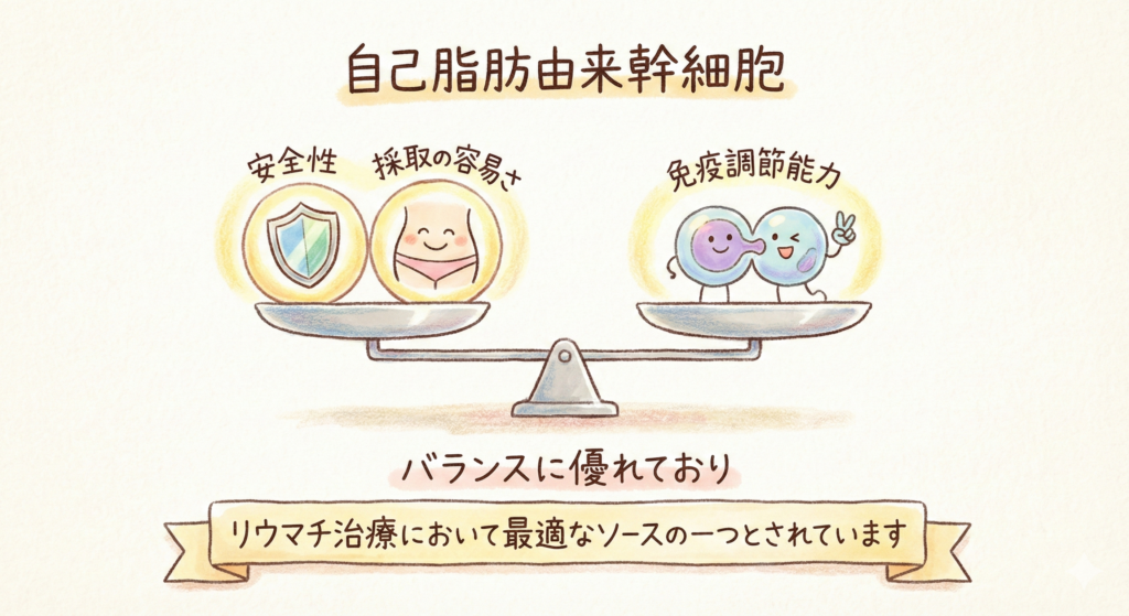自己脂肪由来幹細胞は、安全性・採取の容易さ・免疫調節能力のバランスに優れており、リウマチ治療において最適なソースの一つとされています。