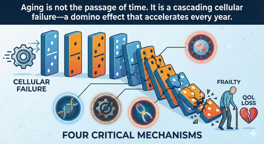 Why Your Body Declines: The 4 Hallmarks That Drive Aging
Aging is not the passage of time. It is a cascading cellular failure—a domino effect that accelerates every year. Research has identified key mechanisms that drive this decline, and four are critical for understanding frailty and QOL loss.