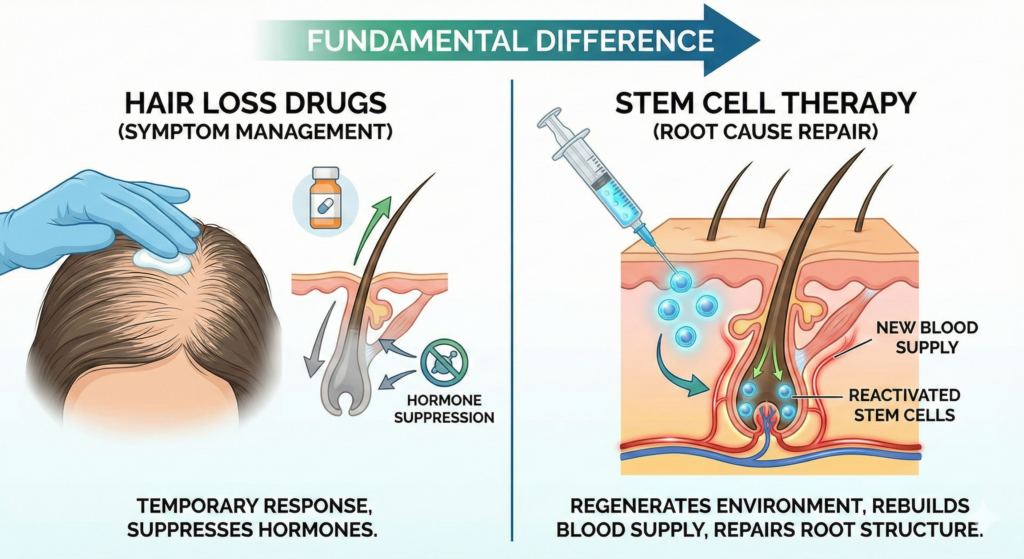 Stem cell therapy regenerates the follicle environment itself for AGA/FAGA. Drug-free.
