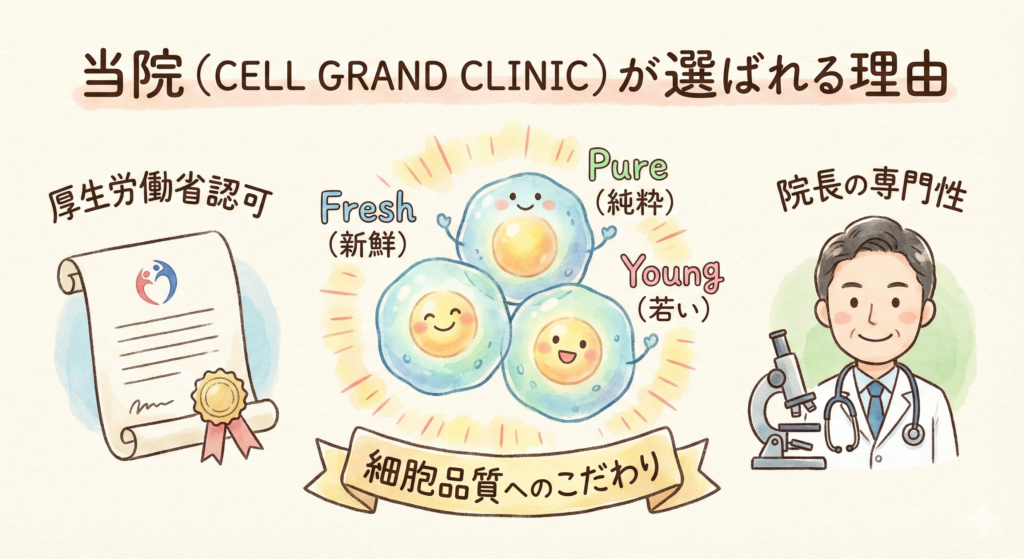 当院（CELL GRAND CLINIC）が選ばれる理由:細胞品質へのこだわり,厚生労働省認可の再生医療提供体制,臨床と研究の両方を持つ再生医療専門医