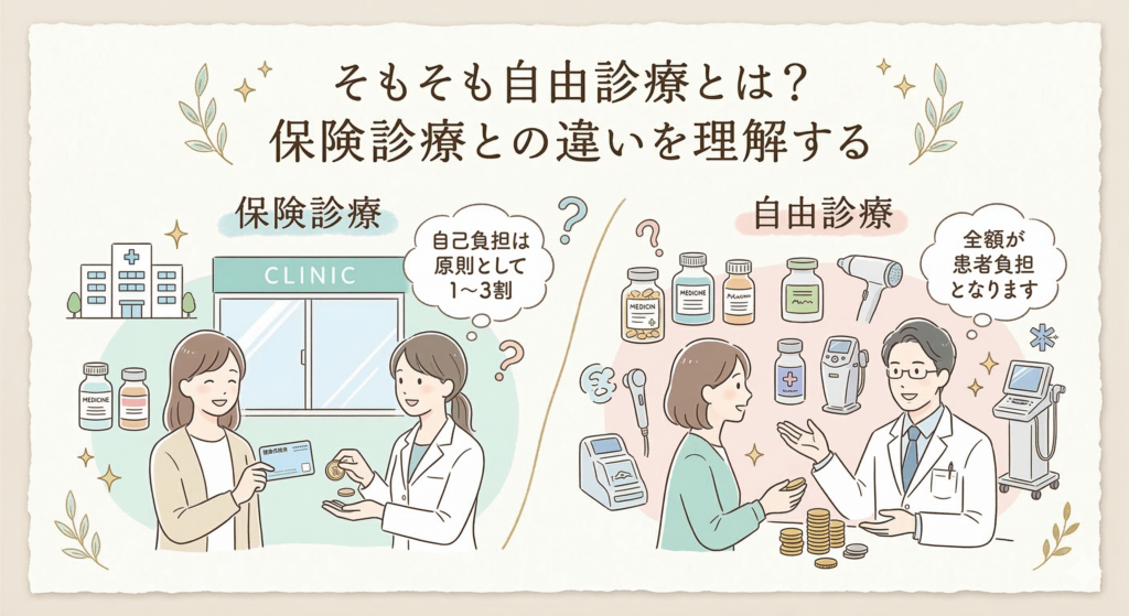 そもそも自由診療とは?保険診療との違いを理解する
自由診療とは、健康保険が適用されない診療のことです。
保険診療では、国が定めた診療報酬に基づいて治療が行われ、患者の自己負担は原則として1〜3割で済みます。一方、自由診療では厚生労働省が承認していない治療法や薬を使用でき、治療内容や費用は医療機関が自由に設定できますが、全額が患者負担となります。