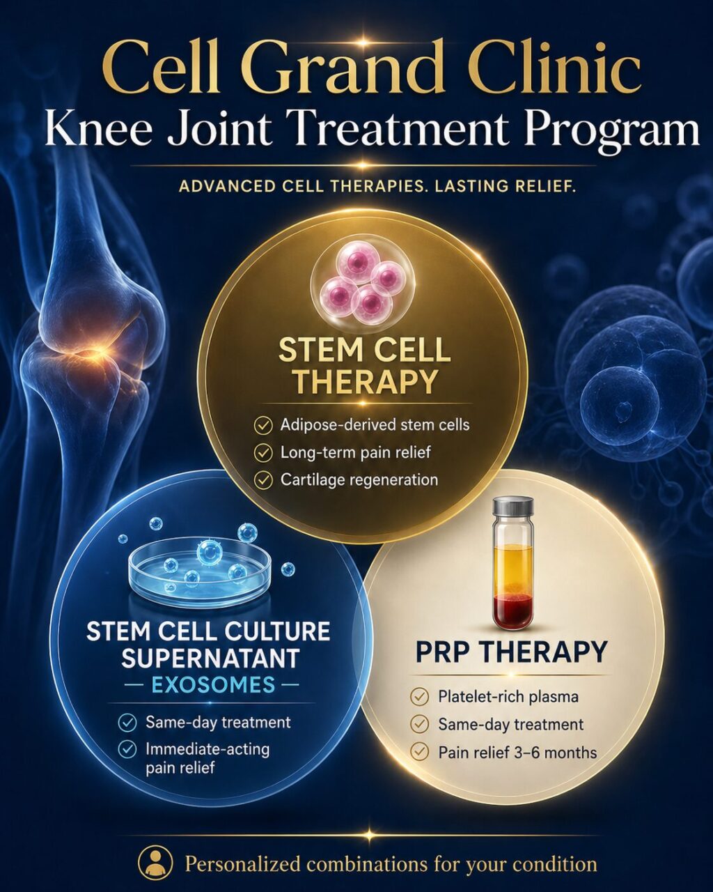 Knee OA treatment procedure: stem cells, exosomes and PRP.