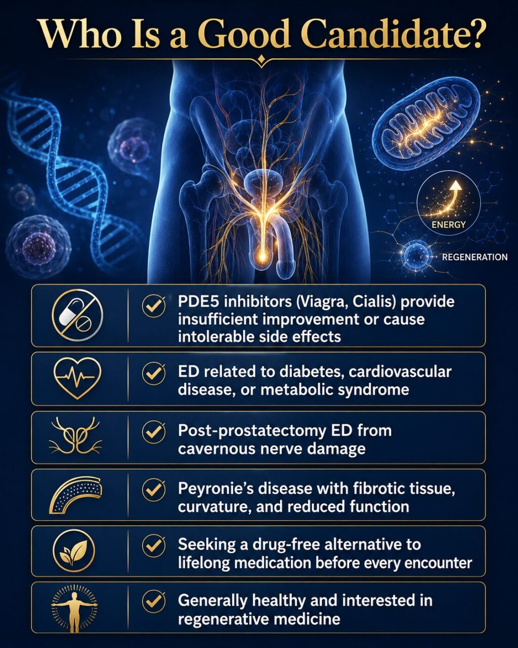 Stem cell therapy for erectile dysfunction may be particularly beneficial for men whose ED has not responded adequately to conventional treatment, or who seek a drug-free alternative that addresses the underlying cause.