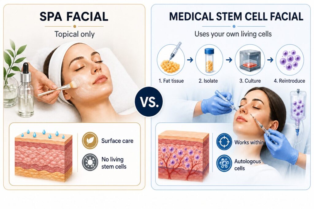 A stem cell facial uses your own adipose-derived mesenchymal stem cells to rebuild collagen, blood vessels, and elastin from inside the dermis — for skin that no longer responds to creams, fillers, or lasers.