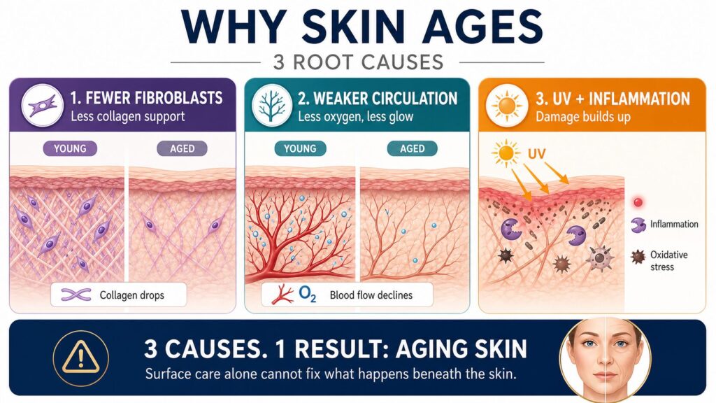 By age 50, your skin has lost about half of its collagen-producing fibroblasts, capillary density has
progressively declined, and decades of UV damage have triggered chronic inflammation. 