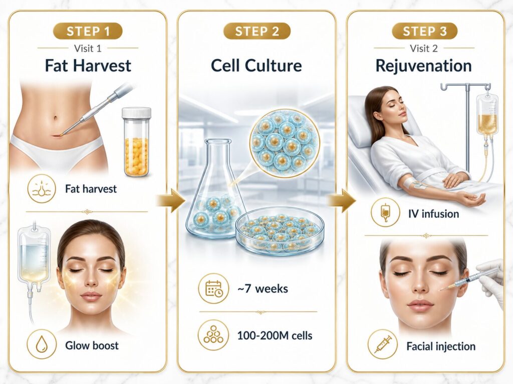 The treatment begins with a small fat tissue collection from the abdomen — taken under local anesthesia in about 20 minutes. From this sample, mesenchymal stem cells are isolated and cultured over approximately 7 weeks in a CPC-grade (Cell Processing Center) laboratory.