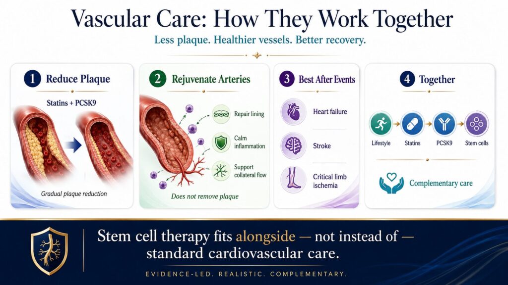 This guide explains what each approach — lifestyle, statins, PCSK9 inhibitors, and regenerative medicine — can realistically do, and where stem cell therapy fits alongside (not instead of) conventional cardiovascular care. 