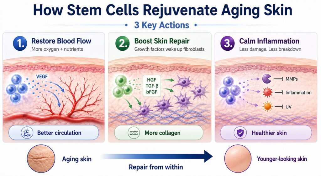 Adipose-derived stem cells regenerate aging skin through three documented pathways. First, angiogenesis:they secrete VEGF and rebuild capillary blood flow. Second, paracrine signaling: HGF, TGF-β, and bFGF reactivate dormant fibroblasts to produce new collagen. Third, anti-inflammatory repair: stem cells suppress MMP enzymes and neutralize UV-driven oxidative damage.