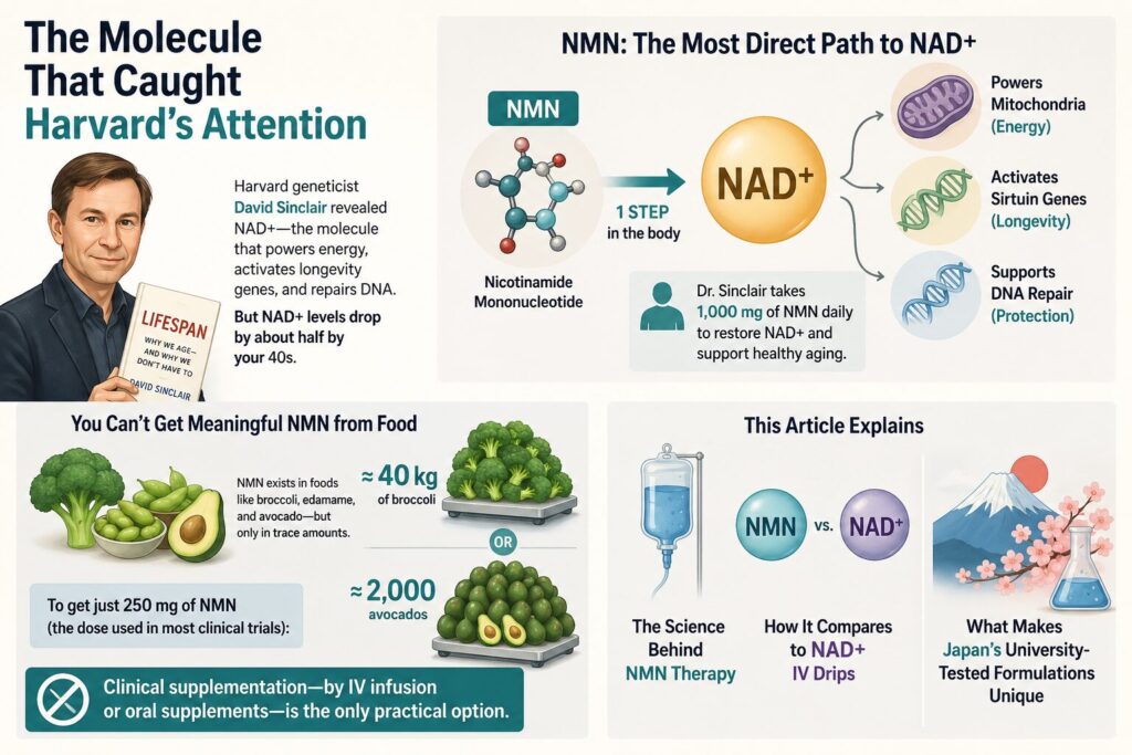 The Molecule That Caught Harvard’s Attention

In 2019, Harvard geneticist David Sinclair published Lifespan: Why We Age — and Why We Don’t Have To, a New York Times bestseller translated into 18 languages. The book brought global attention to NAD+ (nicotinamide adenine dinucleotide) — a molecule found in every cell that powers mitochondria, activates sirtuin “longevity genes,” and fuels DNA repair. The problem: NAD+ levels drop by roughly half by your 40s, and with that decline comes reduced energy, slower recovery, and accelerated aging.

NMN (nicotinamide mononucleotide) is the most direct precursor to NAD+. Think of it as the raw material your body converts into NAD+ in a single enzymatic step. Sinclair himself takes 1,000 mg of NMN daily — a fact he has shared publicly in his book and interviews — because replenishing NMN is the most efficient way to refuel sirtuins and restore mitochondrial function at the source.

But you cannot get meaningful NMN from food. It exists naturally in broccoli, edamame, and avocado, but only in trace amounts. To obtain just 250 mg (the dose used in most clinical trials), you would need roughly 40 kg of broccoli or 2,000 avocados in a single day. Clinical supplementation — by IV infusion or oral supplements — is the only practical option.

This article explains the science behind NMN therapy, how it compares to NAD+ IV drips, and what makes Japan’s university-tested formulations different from anything else available today.