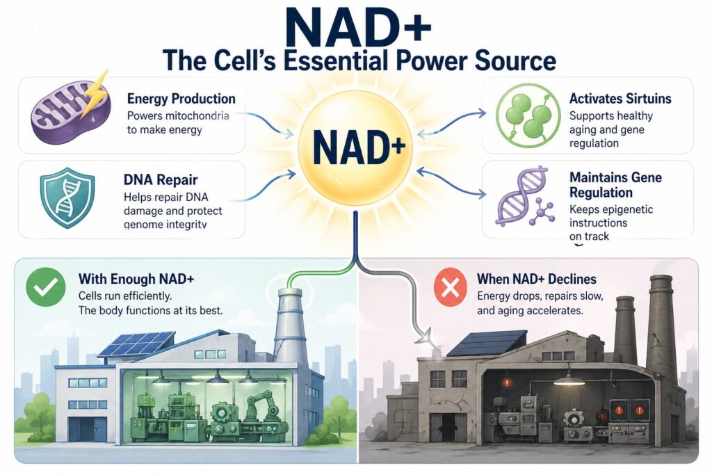 What Is NAD+ and Why Does It Decline with Age?

The Role of NAD+ in Energy, DNA Repair and Longevity

To understand why NMN therapy works, it helps to understand what NAD+ actually does inside your cells. NAD+ serves as an essential helper molecule for more than 500 enzymatic reactions. Beyond powering mitochondrial energy production and activating sirtuins (as described above), NAD+ is also required by PARP enzymes — the cellular emergency repair crew that fixes DNA breaks. Without adequate NAD+, DNA damage accumulates, mitochondria lose efficiency, and the epigenetic instructions that keep genes properly regulated begin to drift.

In simple terms, if your body were a factory, NAD+ would be the electricity. When the power supply drops, every machine in the factory slows down.