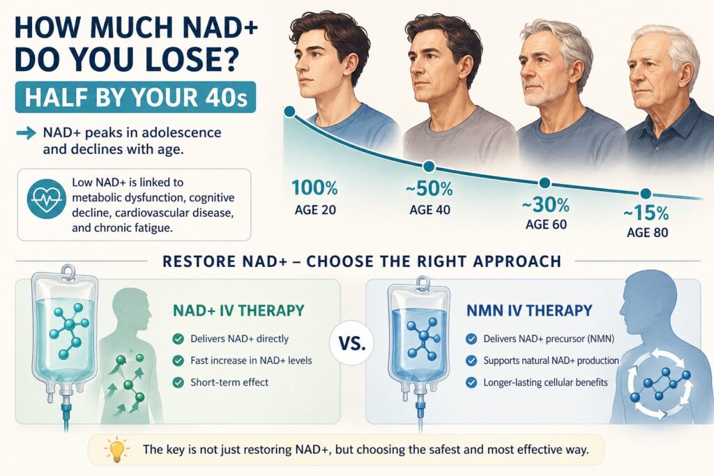How Much NAD+ Do You Lose? (Half by Your 40s)

NAD+ levels peak during adolescence and decline steadily thereafter. By the age of 40, most people have approximately half the NAD+ they had at 20. By 60, the decline accelerates further. This reduction is strongly correlated with age-related conditions including metabolic dysfunction, cognitive decline, cardiovascular disease, and chronic fatigue.

The question, therefore, is not whether to restore NAD+ but how to do so most effectively and safely. Two clinical approaches exist today: infusing NAD+ directly (NAD+ IV therapy) or infusing its precursor, NMN (NMN IV therapy). The difference between these two approaches is more significant than most people realize.