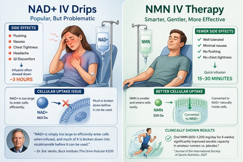 NAD+ IV Drips — Popular, But Problematic

How NAD+ IV Therapy Works

NAD+ IV therapy involves infusing the NAD+ molecule directly into the bloodstream through an intravenous drip. The premise is straightforward: bypass the digestive system and deliver 100% of the dose directly into circulation. It is widely offered at wellness clinics across the United States, Europe, and Southeast Asia, typically as a 2–4 hour infusion session.

The Side-Effect Problem: Flushing, Nausea and Chest Tightness

Despite its popularity, NAD+ IV therapy is associated with a range of uncomfortable side effects. A systematic review of clinical evidence on NAD+ interventions found that the most commonly reported adverse effects include skin flushing (from rapid prostaglandin release), nausea, gastrointestinal discomfort, headaches, and chest tightness. These effects frequently require the infusion rate to be slowed, extending treatment duration to 3 hours per session.

In contrast, NMN IV therapy is typically completed in 15–30 minutes and produces significantly fewer adverse effects, because NMN is converted to NAD+ gradually through natural enzymatic pathways rather than flooding the system with a large molecule all at once.

The Cellular Uptake Problem — “NAD+ Is Too Large to Enter Cells”

Perhaps the more fundamental concern is whether intravenous NAD+ actually reaches the cells where it is needed. NAD+ has a molecular weight of 663 Da — substantially larger than NMN (334 Da). While NAD+ can elevate plasma levels when injected, its ability to cross cell membranes and enter the intracellular space is limited.

Dr. Eric Verdin, President of the Buck Institute for Research on Aging — one of the world’s leading longevity research institutions — has publicly expressed skepticism about intravenous NAD+ therapy. In a conversation with physician Peter Attia on The Drive podcast (episode #359), Dr. Verdin explained that NAD+ is simply too large a molecule to efficiently enter cells when infused, and that much of it is broken down into nicotinamide before it can be used. He recommended oral precursors like NMN or NR as a more scientifically sound approach for most people.

Furthermore, a 2021 randomized trial published in the Journal of the International Society of Sports Nutrition showed that oral NMN supplementation (600 mg and 1,200 mg/day for 6 weeks) significantly increased aerobic capacity in amateur runners compared to placebo. This is notable because it demonstrates that NMN’s NAD+-boosting effect translates into measurable physiological improvements — something NAD+ IV therapy has not been shown to achieve in a controlled trial setting.