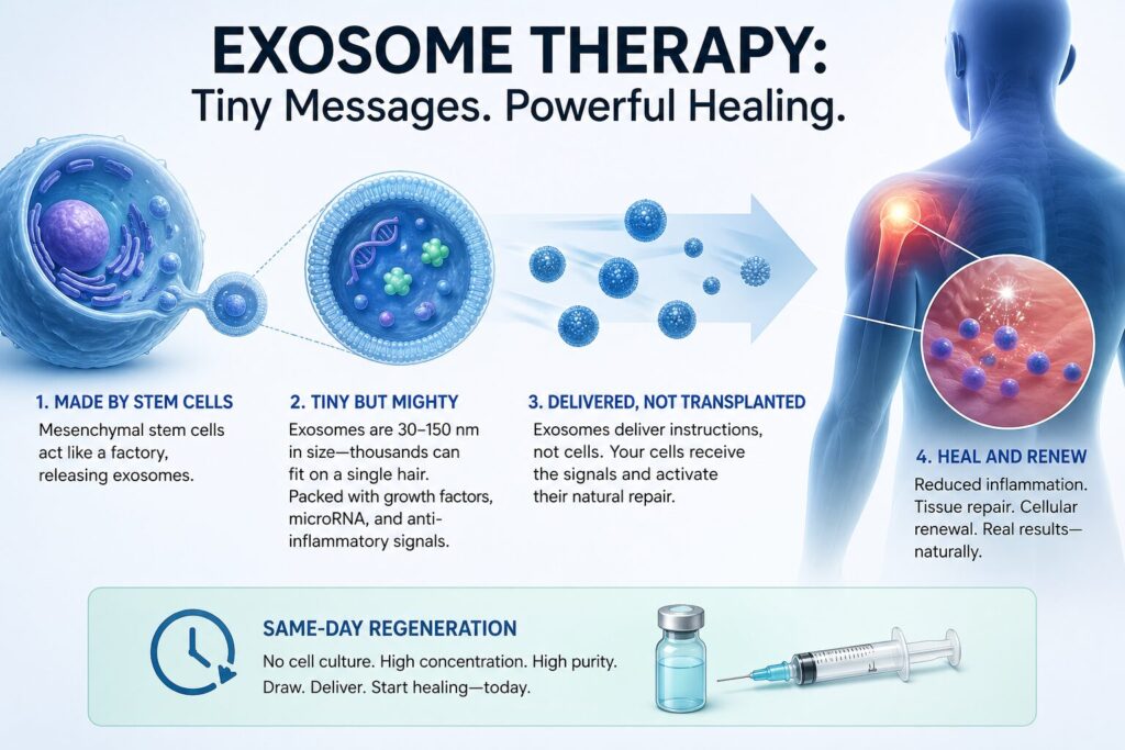 What Is Exosome Therapy?

Exosome therapy is a regenerative treatment that uses nano-sized vesicles (30–150 nm) derived from mesenchymal stem cells to deliver growth factors, cytokines, and microRNA directly to damaged tissue — promoting repair, reducing inflammation, and stimulating cellular renewal without cell transplantation.

But what are exosomes, really?

Imagine stem cells as a factory. They produce and release tiny cargo containers called exosomes — small enough at 30–150 nanometers that thousands fit on a single human hair. Inside each one: growth factors, microRNA, anti-inflammatory proteins, and signals that tell your cells to repair and regenerate.

Unlike stem cell therapy, where living cells are transplanted, exosome therapy delivers only the instructions — the molecular messengers. Your own cells read these instructions and get to work. No integration risk. No cell rejection. Just pure paracrine signaling: one cell's way of telling another, "Heal yourself."

This distinction is why exosomes are the same-day option. There's no cell culture needed. The exosomes already exist in a high-concentration, high-purity form. Draw them up. Deliver them. Start the regeneration.