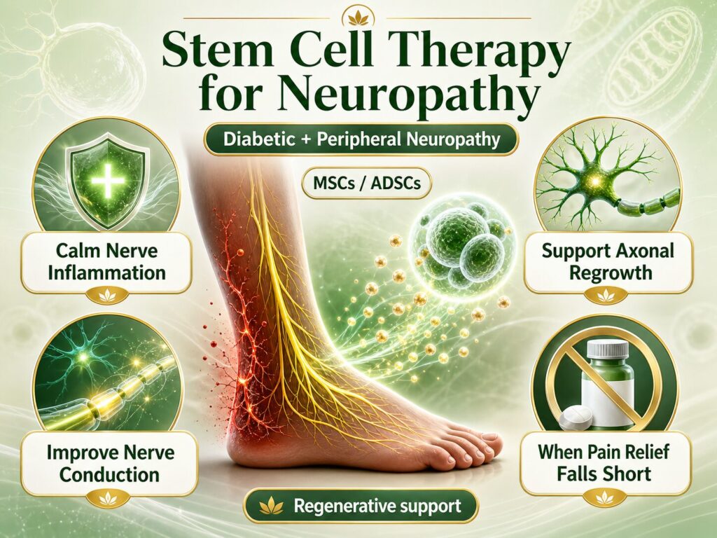 Stem cell therapy for diabetic and peripheral neuropathy is an innovative regenerative approach that uses mesenchymal stem cells (MSCs) — most commonly adipose-derived (ADSCs) — to reduce nerve inflammation, support axonal regrowth, and improve nerve conduction velocity in patients whose pain medications no longer provide relief.