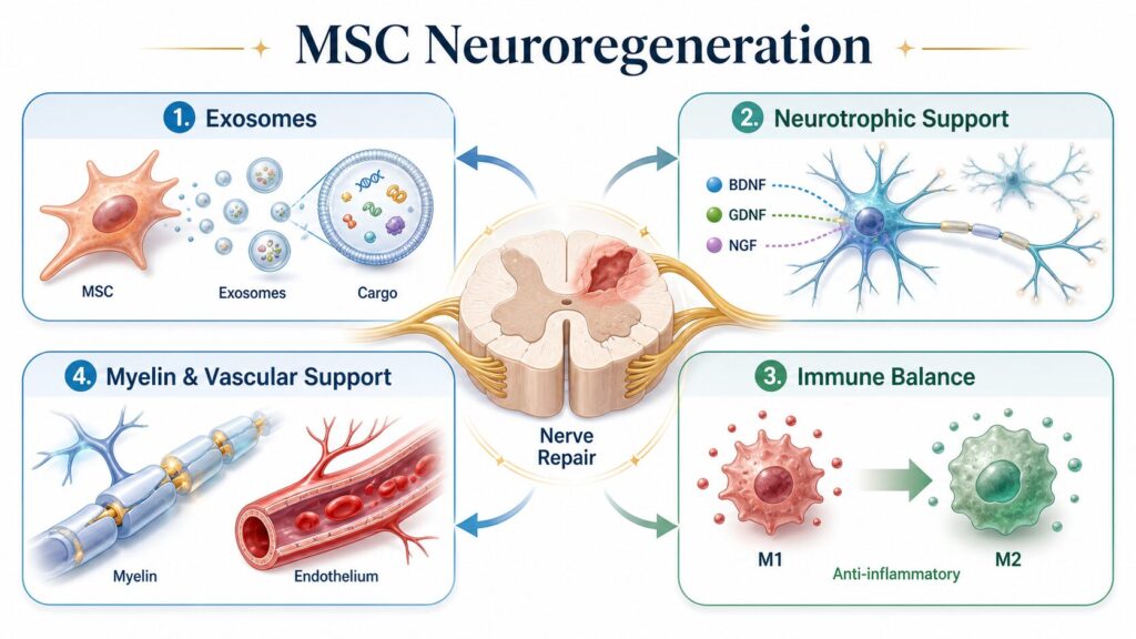 how mesenchymal stem cells (MSCs) interact with damaged peripheral nerves. The mechanisms are multifaceted.