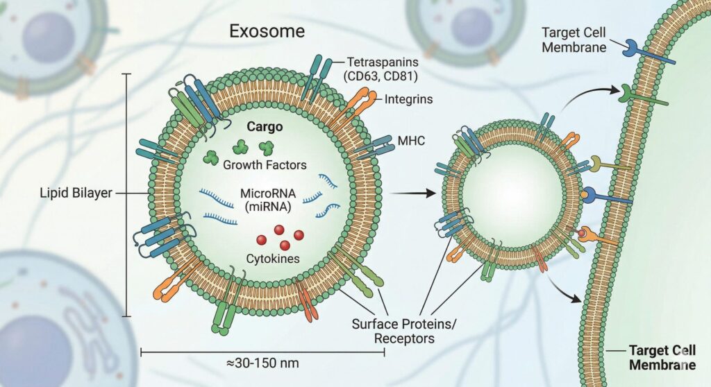exosome structure — nano-sized vesicles carrying cargo (growth factors, microRNA, cytokines) docking with target cells