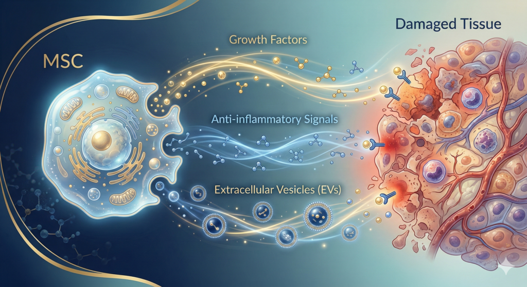 MSC paracrine mechanism: cell releasing growth factors, anti-inflammatory signals, and extracellular vesicles toward damaged tissue