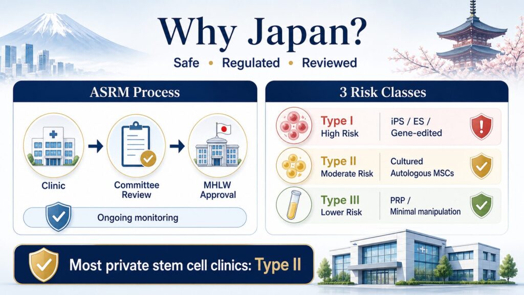 Japan is one of the few countries in the world where stem cell therapy is both legal and regulated by the national government. Under the Act on the Safety of Regenerative Medicine (ASRM), clinics must submit detailed treatment plans to the Ministry of Health, Labour and Welfare (MHLW) and operate under strict oversight — a level of transparency that most other countries simply do not offer.