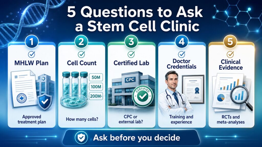 Before choosing a stem cell clinic in Japan, verify four points: the MHLW Regenerative Medicine Provision Plan number, the cell count administered per session (100M+ versus sub-10M same-day procedures), whether the Cell Processing Center is externally certified, and the physician's regenerative medicine board credentials together with published peer-reviewed research — not just patient testimonials.