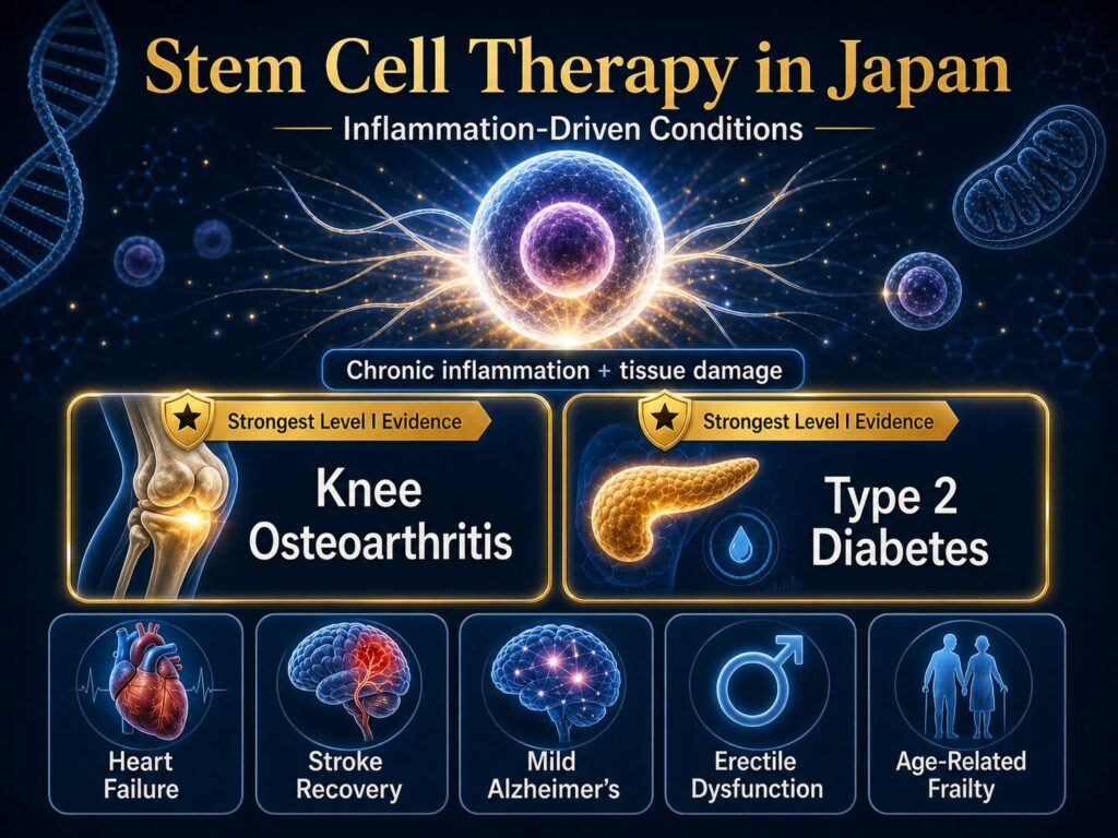 Stem cell therapy in Japan is used for conditions driven by chronic inflammation and tissue damage — most notably knee osteoarthritis, type 2 diabetes, heart failure, stroke recovery, mild Alzheimer's disease, erectile dysfunction, and age-related frailty. The strongest Level I evidence (multiple meta-analyses of randomized trials) currently supports knee osteoarthritis and diabetes.