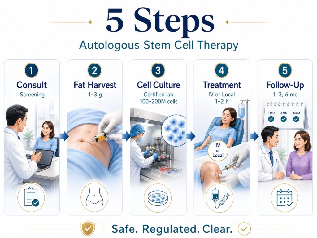 Stem cell therapy in Japan typically requires two short visits separated by a 5-7weeks cell cultivation period. Visit 1 is fat tissue harvesting under local anesthesia (1–2 days). Visit 2 is administration by IV infusion or targeted joint injection (1–2 days). Total time on the ground in Japan is roughly 3 days across two trips.