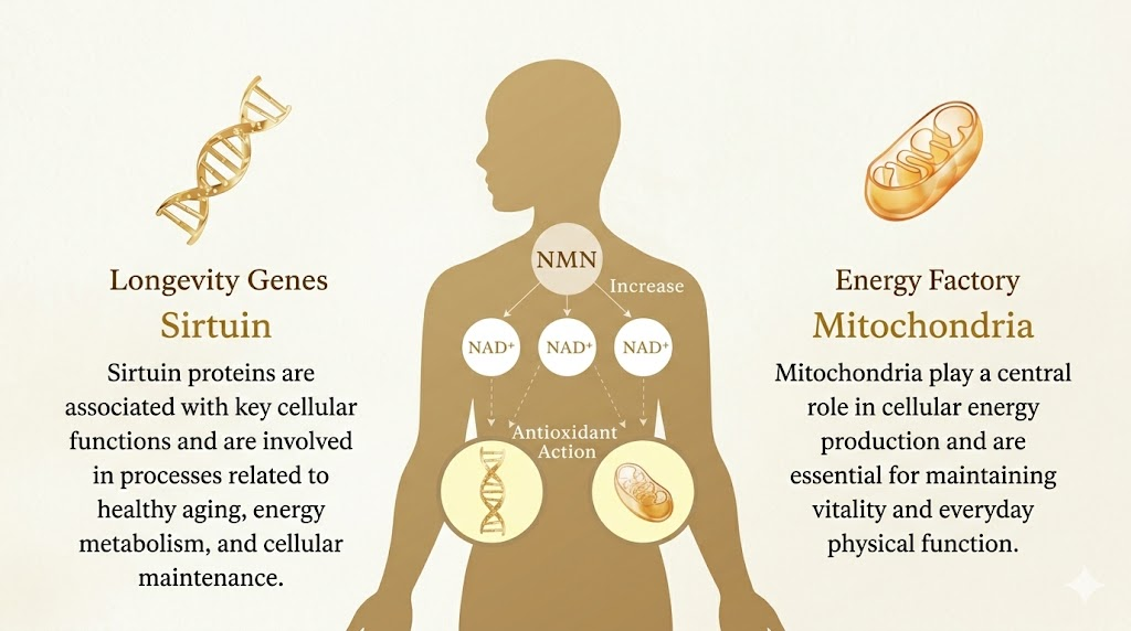 NMN is converted to NAD+, then activates Sirtuin and Mitochondria.