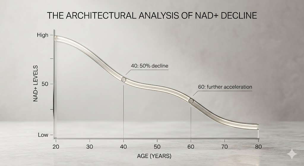 NAD+ levels peak during adolescence and decline steadily thereafter.