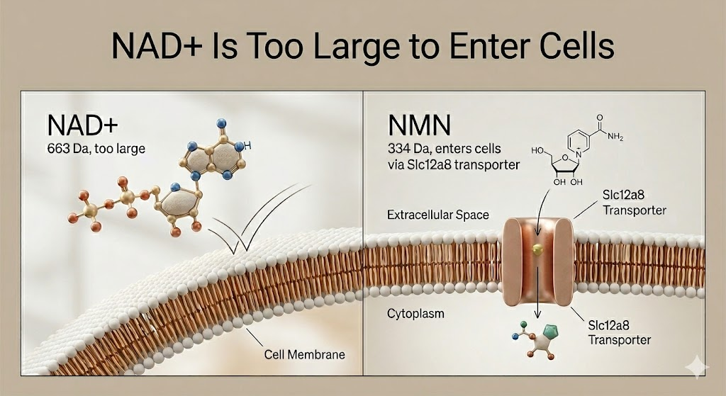 NAD+ has a molecular weight of 663 Da — substantially larger than NMN (334 Da). 