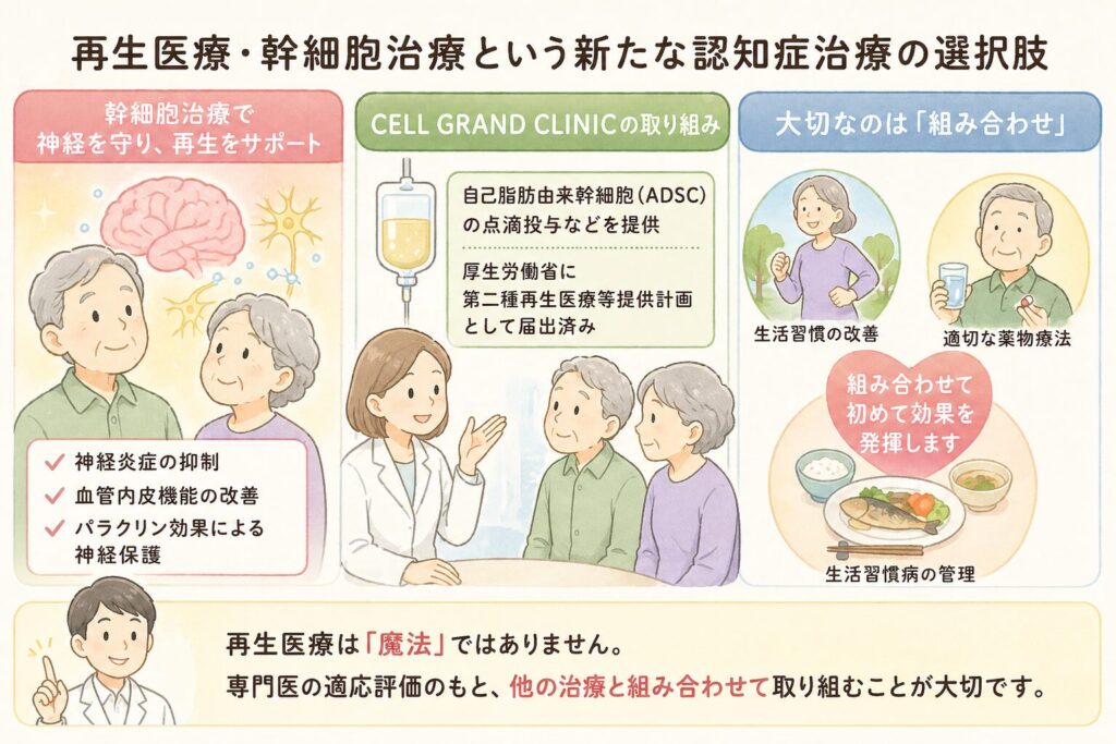 再生医療・幹細胞治療という新たな認知症治療の選択肢｜CELL GRAND CLINICの取り組み

▼ ダイレクトアンサー
生活習慣の改善や薬物療法に加え、近年注目されているのが幹細胞治療・エクソソーム療法など再生医療の選択肢です。MCIや初期認知症の段階で、神経保護・神経再生を促進するアプローチとして、国内外で研究が進んでいます。

CELL GRAND CLINICでは、自己脂肪由来幹細胞（ADSC）の点滴投与など、厚生労働省に第二種再生医療等提供計画として届出済みの治療プロトコルを提供しています。生活習慣の改善や薬物療法と並行し、「神経炎症の抑制・血管内皮機能の改善・パラクリン効果による神経保護」を目的とした補完的な選択肢として、専門医による適応評価のもと検討します。

ただし、再生医療は「魔法」ではなく、生活習慣の改善や生活習慣病の管理、適切な薬物療法と組み合わせることで初めて意味を持ちます。