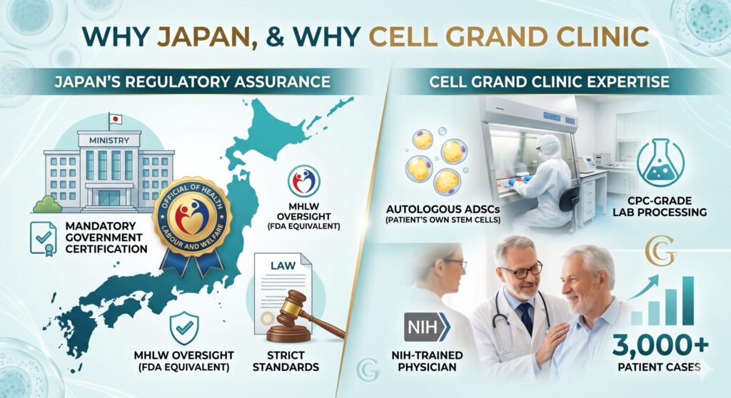 Why Japan, and Why Cell Grand Clinic

Japan is one of the few countries in the world where regenerative medicine is regulated directly by the national government. Under the Act on the Safety of Regenerative Medicine, every clinic providing cell-based therapy must be certified by the Ministry of Health, Labour and Welfare (MHLW), the equivalent of the FDA. This is not a voluntary accreditation; it is a legal requirement with government oversight of cell handling, facility standards, and informed consent.

Cell Grand Clinic operates within this framework. Treatments use the patient's own adipose-derived stem cells (autologous ADSCs), processed in a CPC-grade (Cell Processing Center) laboratory, under a physician with NIH training and experience across more than 3,000 patient cases.