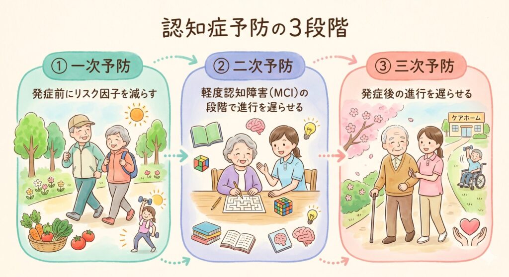 認知症予防とは｜「発症を遅らせる・防ぐ」は本当に可能か

▼ ダイレクトアンサー
認知症予防には3段階あります。①一次予防：発症前にリスク因子を減らす、②二次予防：軽度認知障害（MCI）の段階で進行を遅らせる、③三次予防：発症後の進行を遅らせる──この3段階を意識した取り組みが重要です。