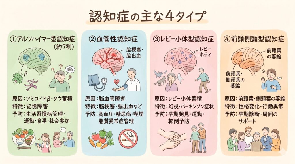 認知症の主な4タイプと原因｜アルツハイマー型・血管性・レビー小体型・前頭側頭型