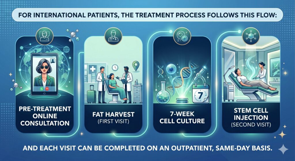 For international patients, the treatment process follows this flow:
“Pre-treatment online consultation → Fat harvest (first visit) → 7-week cell culture → Stem cell injection (second visit),”
and each visit can be completed on an outpatient, same-day basis.
