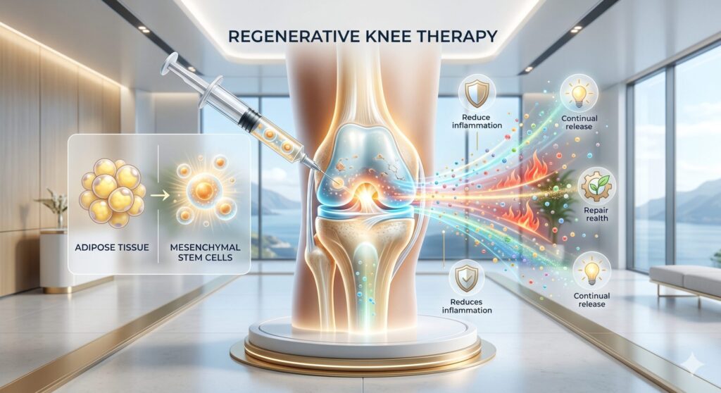 Stem Cell Therapy for the Knee: The Leading Non-Surgical Option in 2026

What stem cell therapy is, in 60 words

Stem cell therapy for the knee uses mesenchymal stem cells — most often adipose-derived stem cells (ADSCs) harvested from the patient's own fat — to modulate joint inflammation, signal repair in cartilage cells, and support the joint environment. Unlike HA or PRP, stem cells release a continuous cocktail of growth factors and anti-inflammatory molecules for weeks, making them the most biologically active of the non-surgical options.
